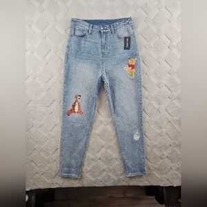 Disney Winnie The Pooh Embroidered Mom Jeans Juniors 7 Blue Denim